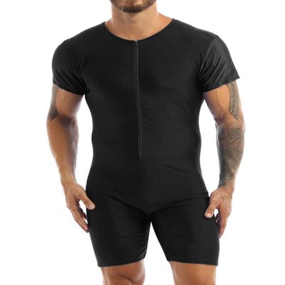 Loodgao Men's One Piece Tank Leotard Biketard Short Sleeve Stretch Wrestling Singlet Bodysuit Gym Jumpsuit Underwear Zipper Black Large