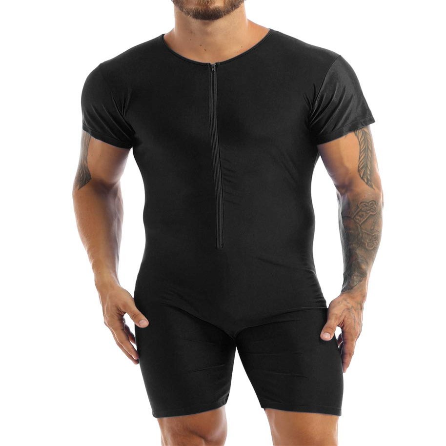 Loodgao Men's One Piece Tank Leotard Biketard Short Sleeve Stretch Wrestling Singlet Bodysuit Gym Jumpsuit Underwear Zipper Black Large