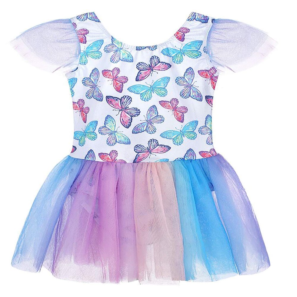 Belovance Girls Ballet Gymnastics Dance Tutu Skirted Dress sz 8-9 Gymnastic Flutter Sleeve Skirt (Rainbow Butterfly, 8-9 Years)