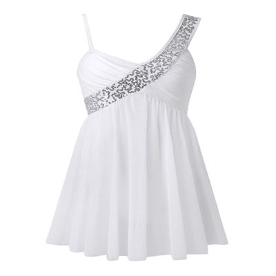 Agoky Big Girls Sequin Camisole Open Back Chiffon Tulle Leotard Dance Dress Lyrical Ballet Dance Ice Skating Costume White 6