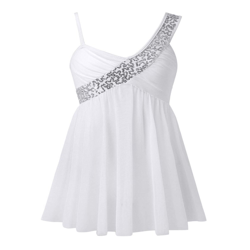 Agoky Big Girls Sequin Camisole Open Back Chiffon Tulle Leotard Dance Dress Lyrical Ballet Dance Ice Skating Costume White 6