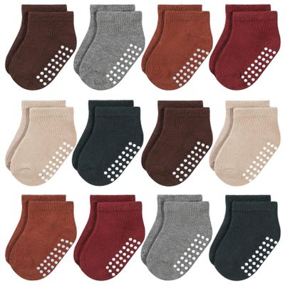 JAKIDAR 12 Pair Baby Toddler Socks Non-Slip Grip Cotton Ankle Socks for Boys Girls Non Skid Soles for Infants Kids, Angola Red, 6-12 Months