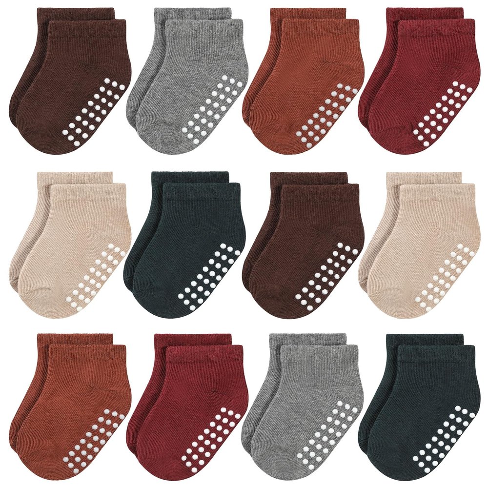 JAKIDAR 12 Pair Baby Toddler Socks Non-Slip Grip Cotton Ankle Socks for Boys Girls Non Skid Soles for Infants Kids, Angola Red, 6-12 Months