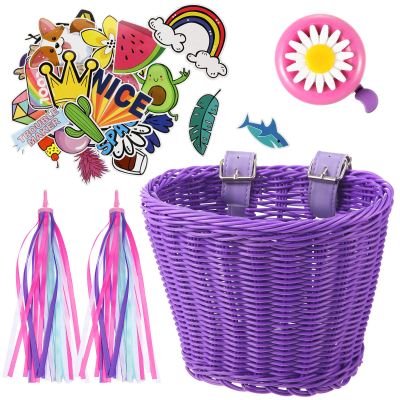BOAO Kid's Bicycle Basket Streamers Set, Unicorn Children's Bike Handlebar Wicker Basket Bike Streamers Bell and Stickers,Bike Basket Front Decoration for Girls (Purple)