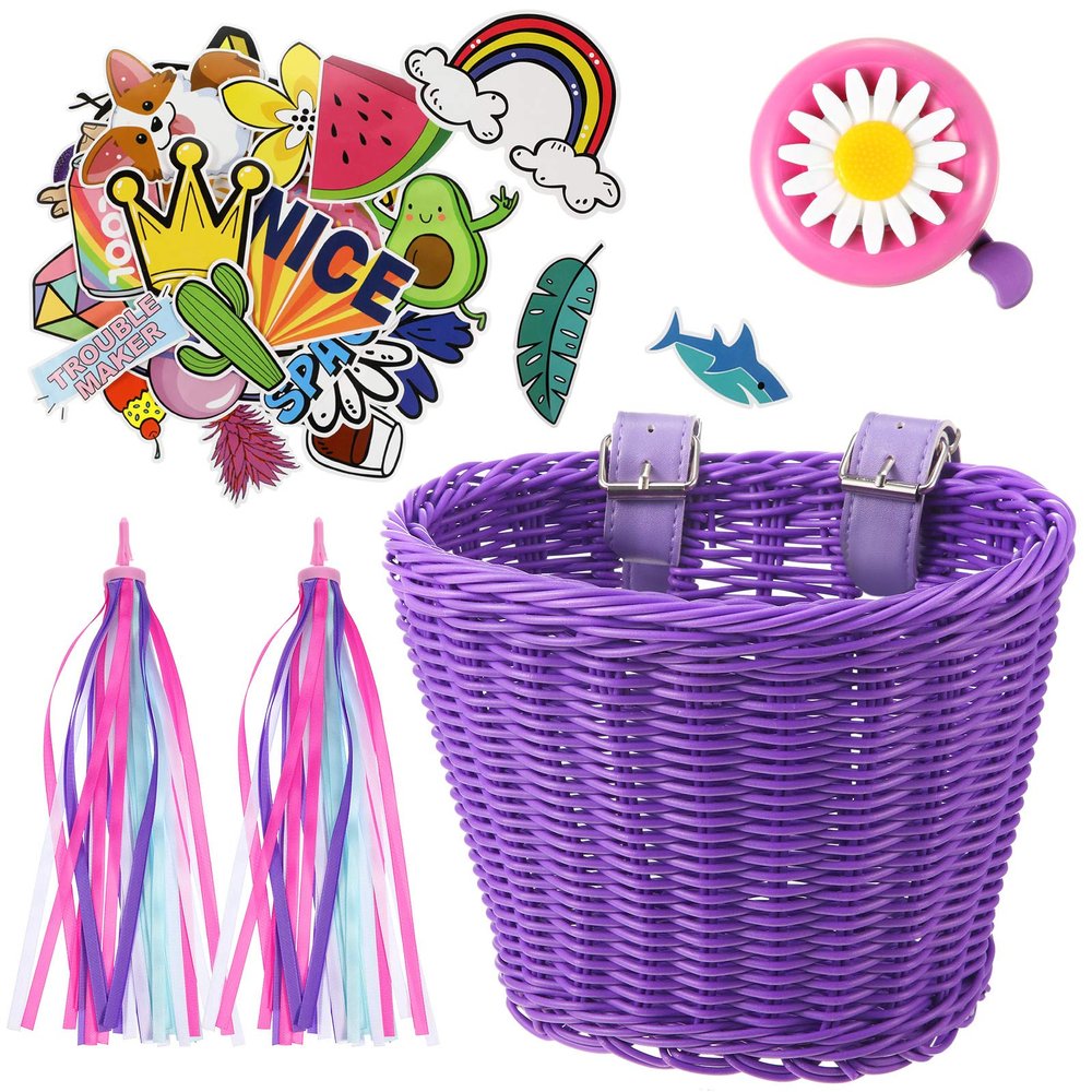 BOAO Kid's Bicycle Basket Streamers Set, Unicorn Children's Bike Handlebar Wicker Basket Bike Streamers Bell and Stickers,Bike Basket Front Decoration for Girls (Purple)