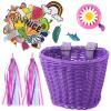 BOAO Kid's Bicycle Basket Streamers Set, Unicorn Children's Bike Handlebar Wicker Basket Bike Streamers Bell and Stickers,Bike Basket Front Decoration for Girls (Purple) view 1