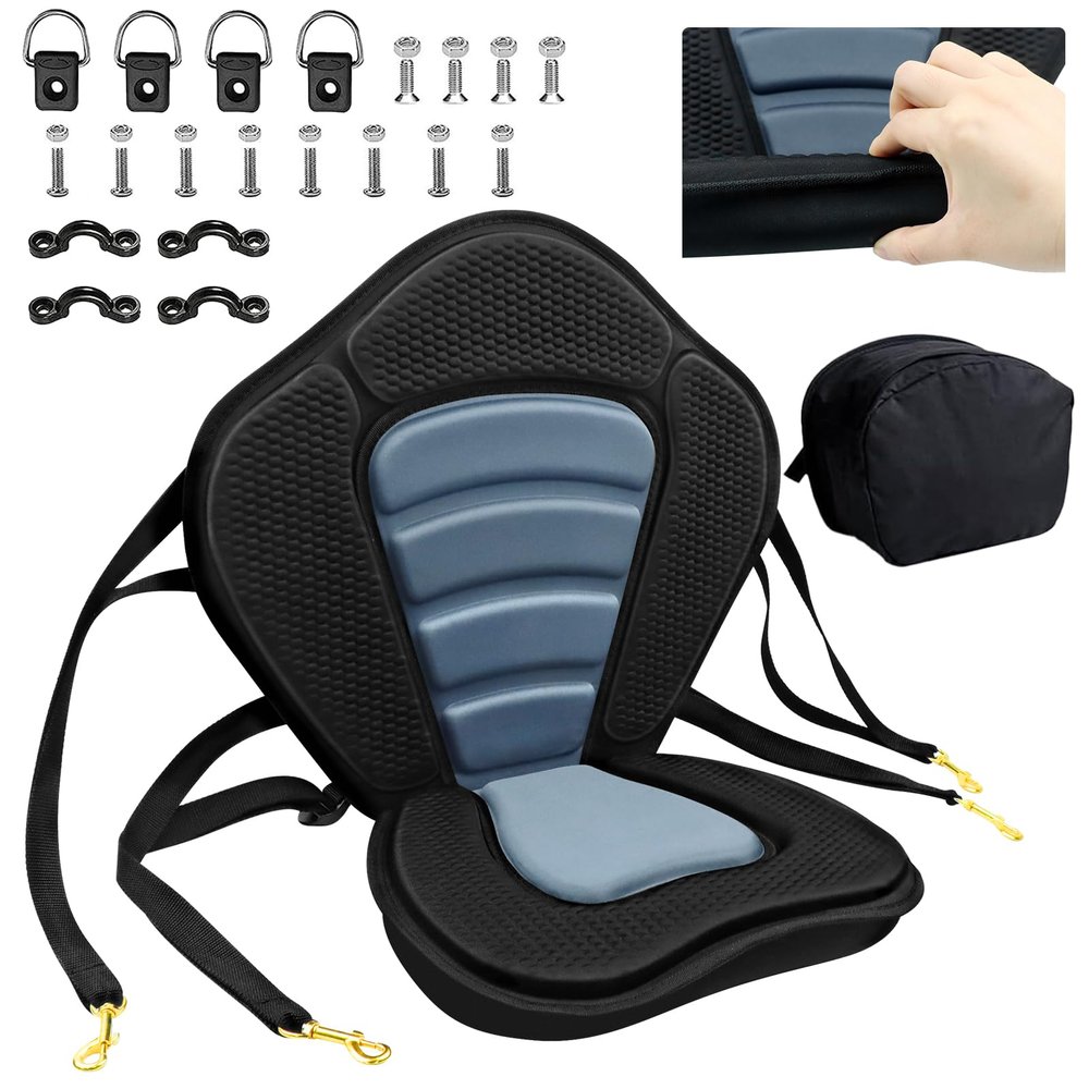 Kayak Seat Deluxe Padded Fishing Boat Seat Deluxe Sit-On-Top Canoe Seat Cushioned - Comfortable Backrest Support Universal Sit with Adjustable Back Strap Detachable Storage Bag