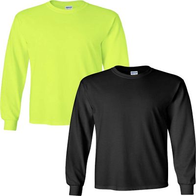 Gildan Men's Heavy Cotton Long Sleeve T-Shirt, Style 5400, (2 Pack) Large Safety Green-Black