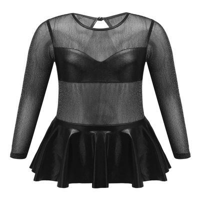 easyforever Girls See-Through Long Sleeve Keyhole Back Ruffle Dance Leotards Jumpsuit Latin Ballet Dancewear Black 12