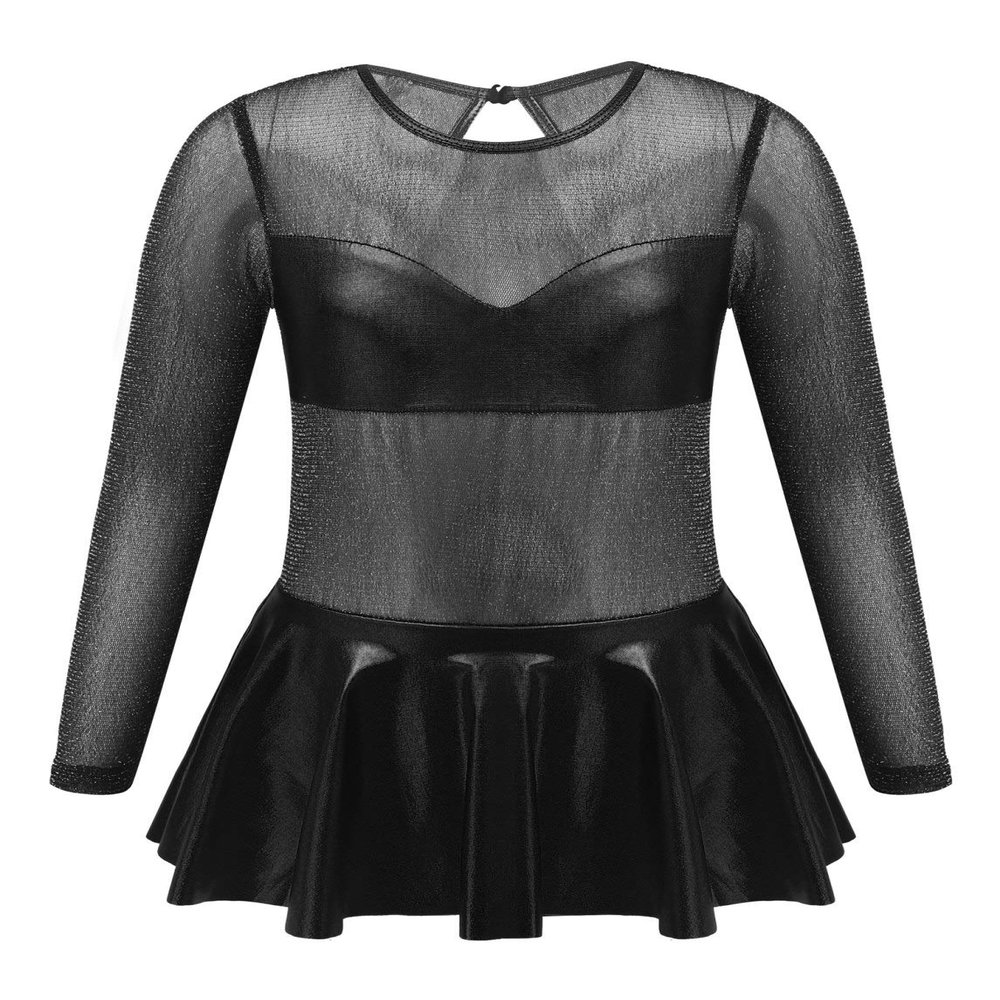 easyforever Girls See-Through Long Sleeve Keyhole Back Ruffle Dance Leotards Jumpsuit Latin Ballet Dancewear Black 12