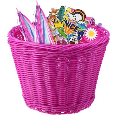 Boao Kid's Bicycle Basket Streamers Set, Unicorn Children's Bike Handlebar Wicker Basket Bike Streamers Bell and Stickers,Bike Basket Front Decoration for Girls (Rose RED)