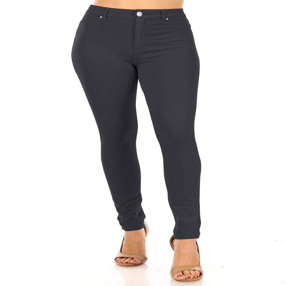 FashionJOA Casual Stretch Button Zip Closure Mid Rise Comfort Skinny Ponte Pants Charcoal S