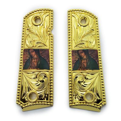 1911 Metal Grips Full Size Government/Commander Ambi Safety Cut - Screws Included - Virgin Mary 1911 Pistol Grips Gold Plated Finish