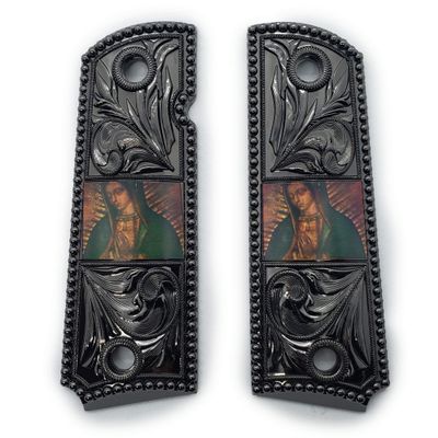 1911 Metal Grips Full Size Government/Commander Safety Cut - Screws Included - Virgin Mary 1911 Black Finish Y