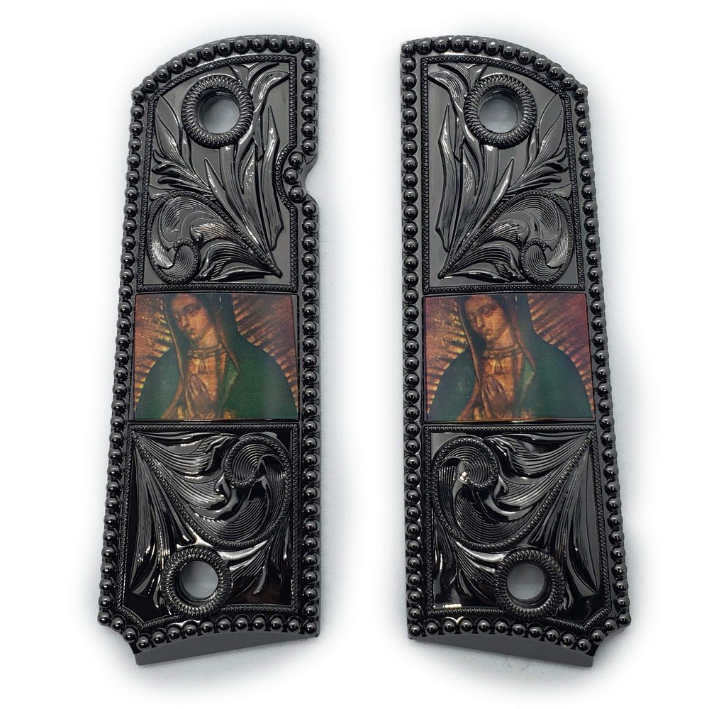 1911 Metal Grips Full Size Government/Commander Safety Cut - Screws Included - Virgin Mary 1911 Black Finish Y