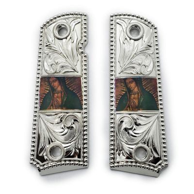 1911 Metal Grips Full Size Government/Commander Ambi Safety Cut - Screws Included - Virgin Mary 1911 Pistol Grips Nickel Plated