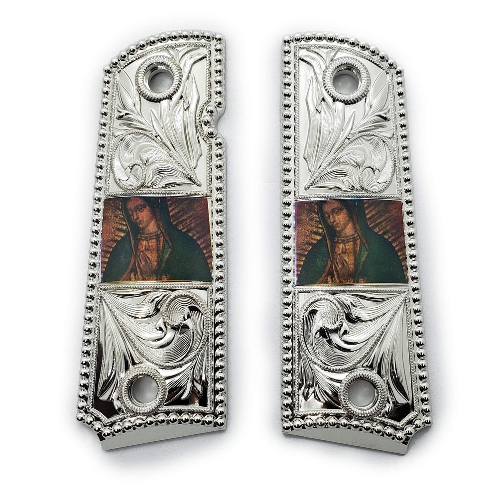 1911 Metal Grips Full Size Government/Commander Ambi Safety Cut - Screws Included - Virgin Mary 1911 Pistol Grips Nickel Plated