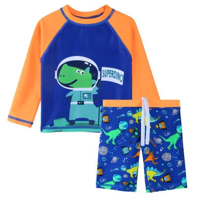 XFGIRLS Little Boys 2-Piece Long Sleeve Swimsuit Trunk and Rashguard 3-6M, Orange