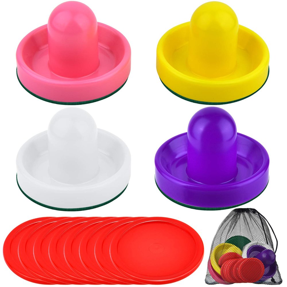 Coopay Air Hockey Pushers and Pucks, Air Hockey Paddles with Felt Bottoms, Goal Handles Paddles Replacement Accessories with a Drawstring Bag for Game Tables (4 Striker, 8 Red Puck Pack)