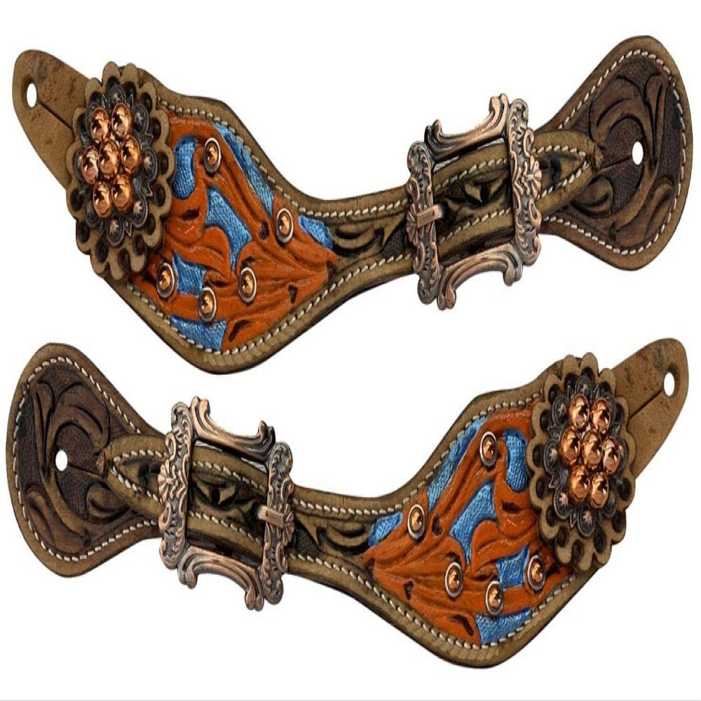Showman Ladies Hand Painted Floral Stamped Leather Spur Straps