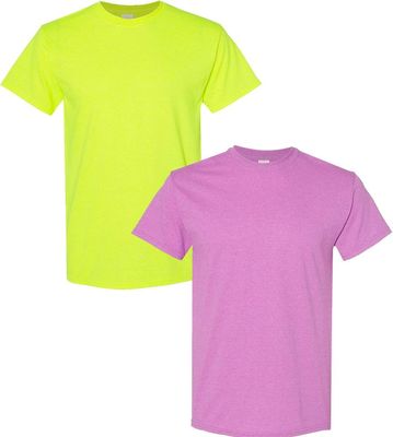 Gildan Men's Heavy Taped Neck Comfort Jersey T-Shirt, 2-Pack LRG-SafetyGreen-HeatherOrchid