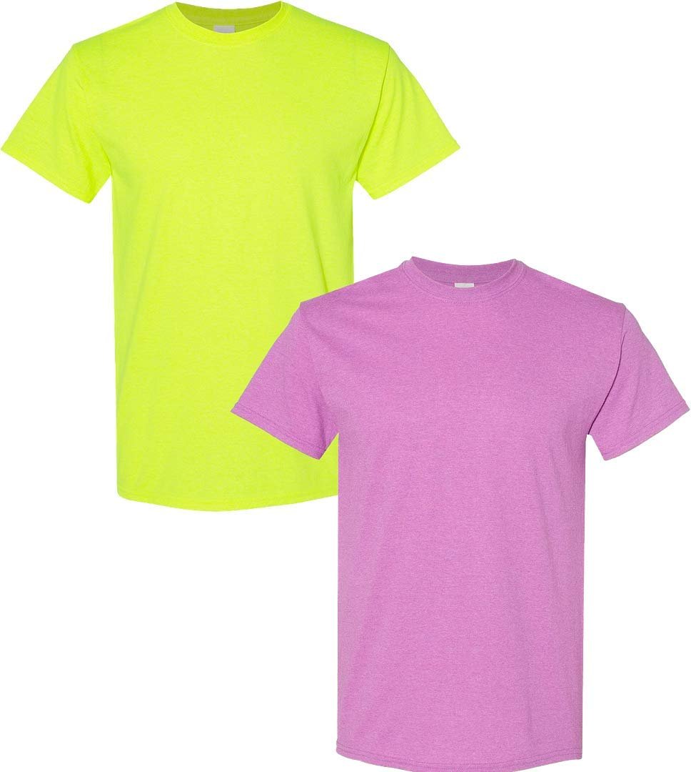 Gildan Men's Heavy Taped Neck Comfort Jersey T-Shirt, 2-Pack LRG-SafetyGreen-HeatherOrchid