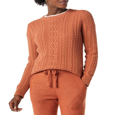 Amazon Essentials Women's Soft Fisherman Cable Long-Sleeve Crewneck Sweater (Available in Plus Size), Caramel, XX-Large