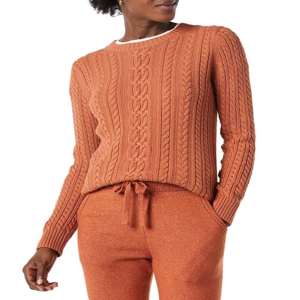 Amazon Essentials Women's Soft Fisherman Cable Long-Sleeve Crewneck Sweater (Available in Plus Size), Caramel, XX-Large