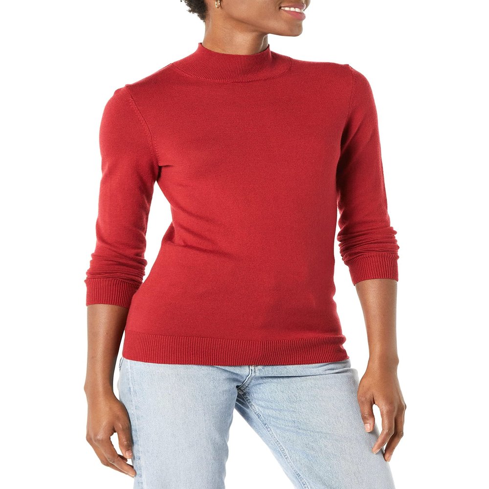 Amazon Essentials Women's Lightweight Mockneck Sweater (Available in Plus Size), Dark Red, Medium
