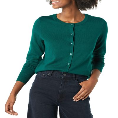 Amazon Essentials Women's Lightweight Crewneck Cardigan Sweater (Available in Plus Size), Dark Green, X-Small