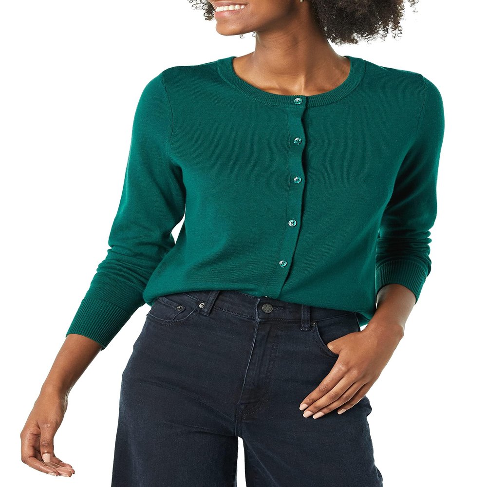 Amazon Essentials Women's Lightweight Crewneck Cardigan Sweater (Available in Plus Size), Dark Green, X-Small