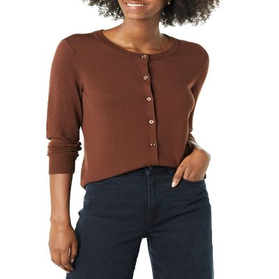 Amazon Essentials Women's Lightweight Crewneck Cardigan Sweater (Available in Plus Size), Brown, Small