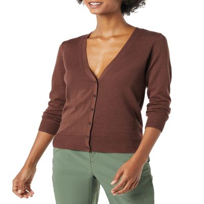 Amazon Essentials Women's Lightweight V-Neck Cardigan Sweater (Available in Plus Size), Dark Chestnut Brown Heather, Medium