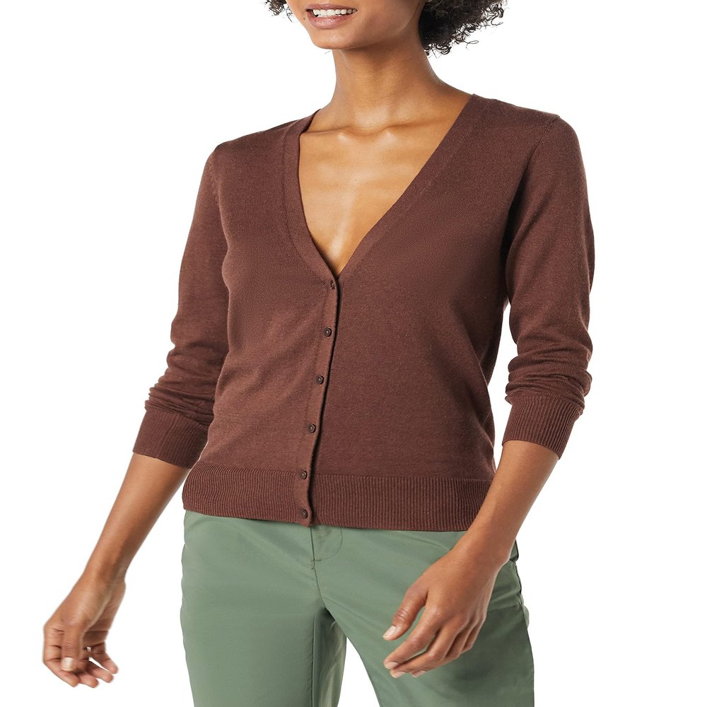 Amazon Essentials Women's Lightweight V-Neck Cardigan Sweater (Available in Plus Size), Dark Chestnut Brown Heather, Medium