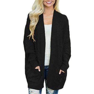 Andongnywell Women's Cable Knit Open Front Chunky Cardigans Sweaters Boyfriend Sweaters Jackets Overcoats Outwear (Black,XX-Large)