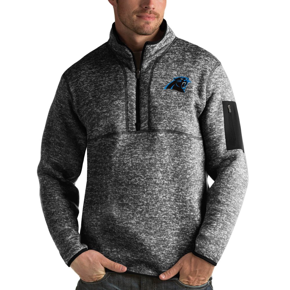Antigua Men's Heather Black Carolina Panthers Fortune Quarter-Zip Pullover Jacket
