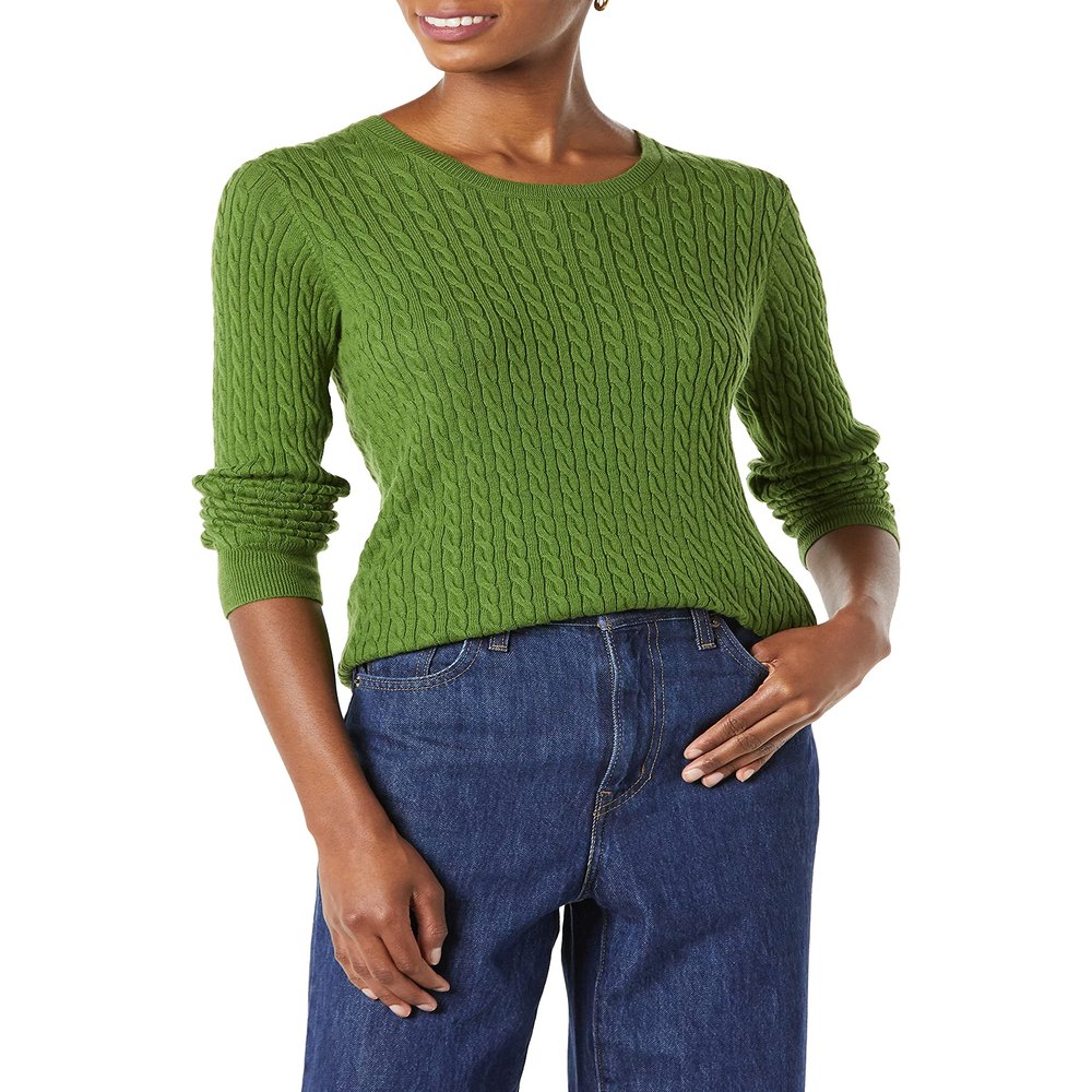 Amazon Essentials Women's Lightweight Long-Sleeve Cable Crewneck Sweater (Available in Plus Size), Green, X-Small