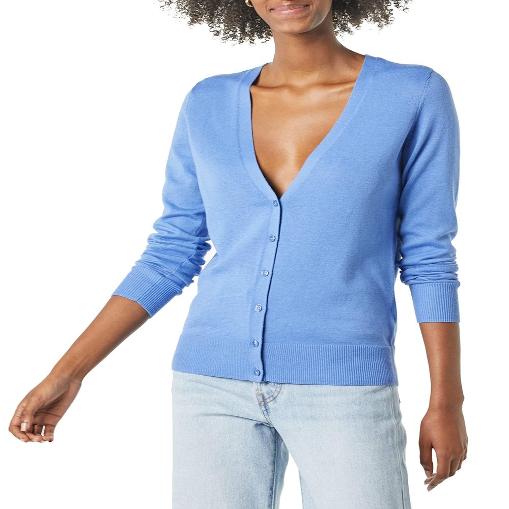 Amazon Essentials Women's Lightweight V-Neck Cardigan Sweater (Available in Plus Size), Blue, X-Small
