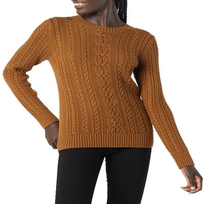 Amazon Essentials Women's Soft Fisherman Cable Long-Sleeve Crewneck Sweater (Available in Plus Size), Dark Chestnut Brown Heather, Small