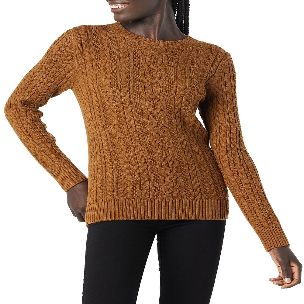 Amazon Essentials Women's Soft Fisherman Cable Long-Sleeve Crewneck Sweater (Available in Plus Size), Dark Chestnut Brown Heather, Small