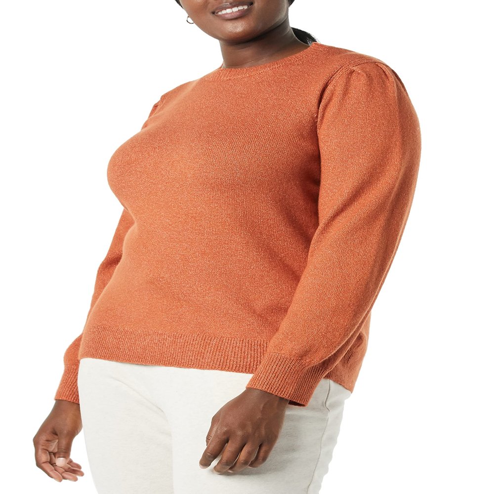 Amazon Essentials Women's Soft Touch Pleated Shoulder Crewneck Sweater, Caramel, Medium