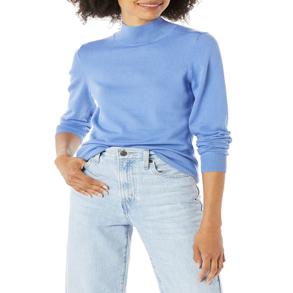 Amazon Essentials Women's Lightweight Mockneck Sweater (Available in Plus Size), Blue, Medium