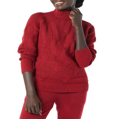Amazon Essentials Women's Winter Long-Sleeve Sweater, Soft Touch Funnel Neck Cable Knit, Dark Red, X-Small