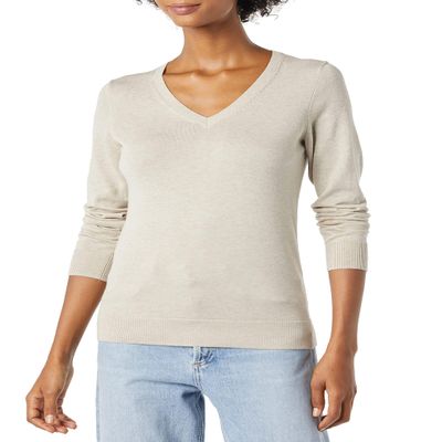 Amazon Essentials Women's Regular-Fit Lightweight Long-Sleeve V-Neck Sweater (Available in Plus Size), Oatmeal Heather, X-Small