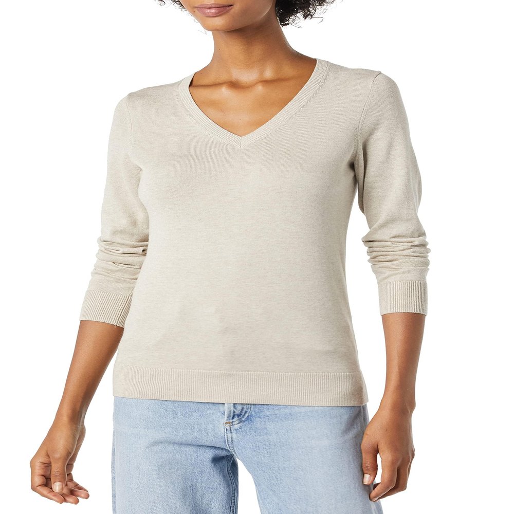 Amazon Essentials Women's Regular-Fit Lightweight Long-Sleeve V-Neck Sweater (Available in Plus Size), Oatmeal Heather, X-Small