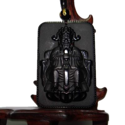2.3" China Certified Nature Black Obsidian Jade The GOF of Wealth Hand Made Necklace Pendant 8961