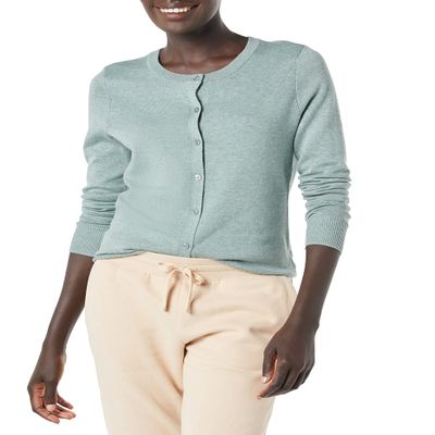 Amazon Essentials Women's Lightweight Crewneck Cardigan Sweater (Available in Plus Size), Sage Green Heather, X-Large
