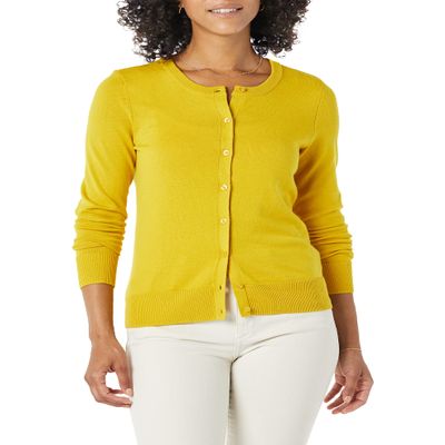 Amazon Essentials Women's Lightweight Crewneck Cardigan Sweater (Available in Plus Size), Dark Yellow, Large