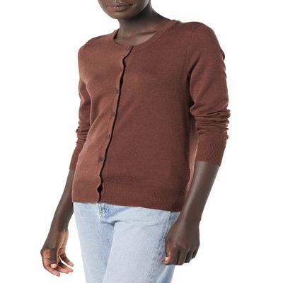 Amazon Essentials Women's Lightweight Crewneck Cardigan Sweater (Available in Plus Size), Dark Chestnut Brown Heather, X-Small