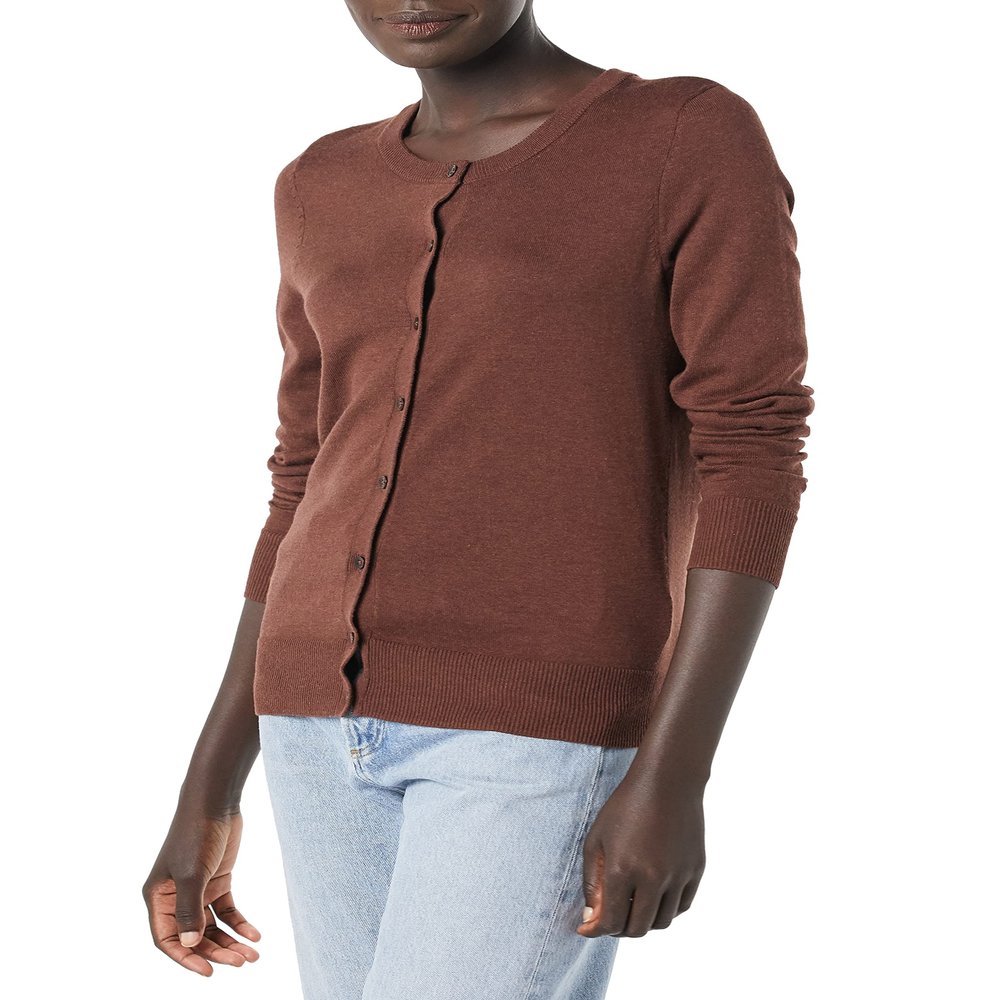 Amazon Essentials Women's Lightweight Crewneck Cardigan Sweater (Available in Plus Size), Dark Chestnut Brown Heather, X-Small